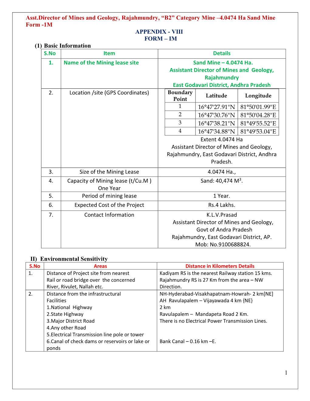 1 Asst.Director of Mines and Geology, Rajahmundry