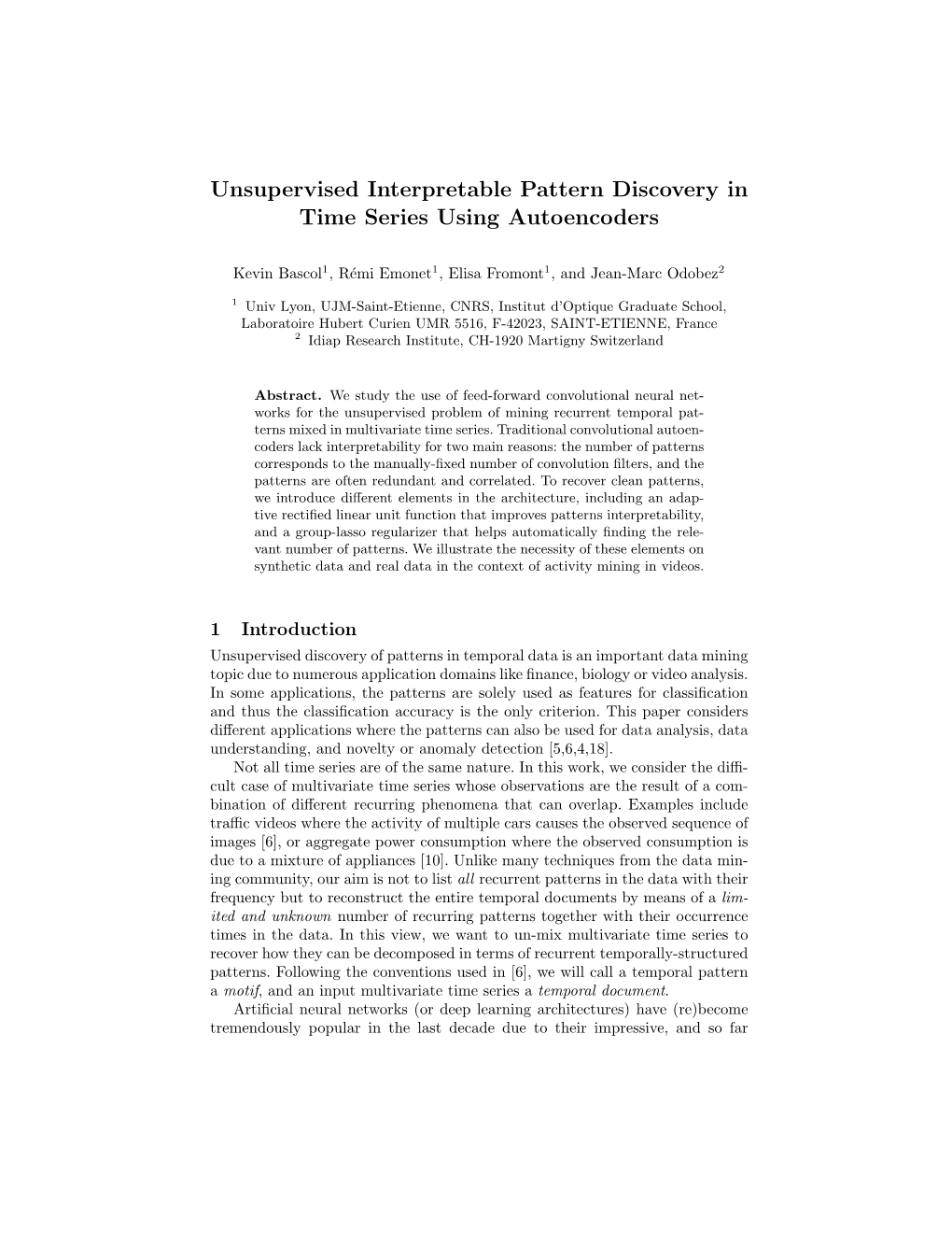 Unsupervised Interpretable Pattern Discovery in Time Series Using Autoencoders