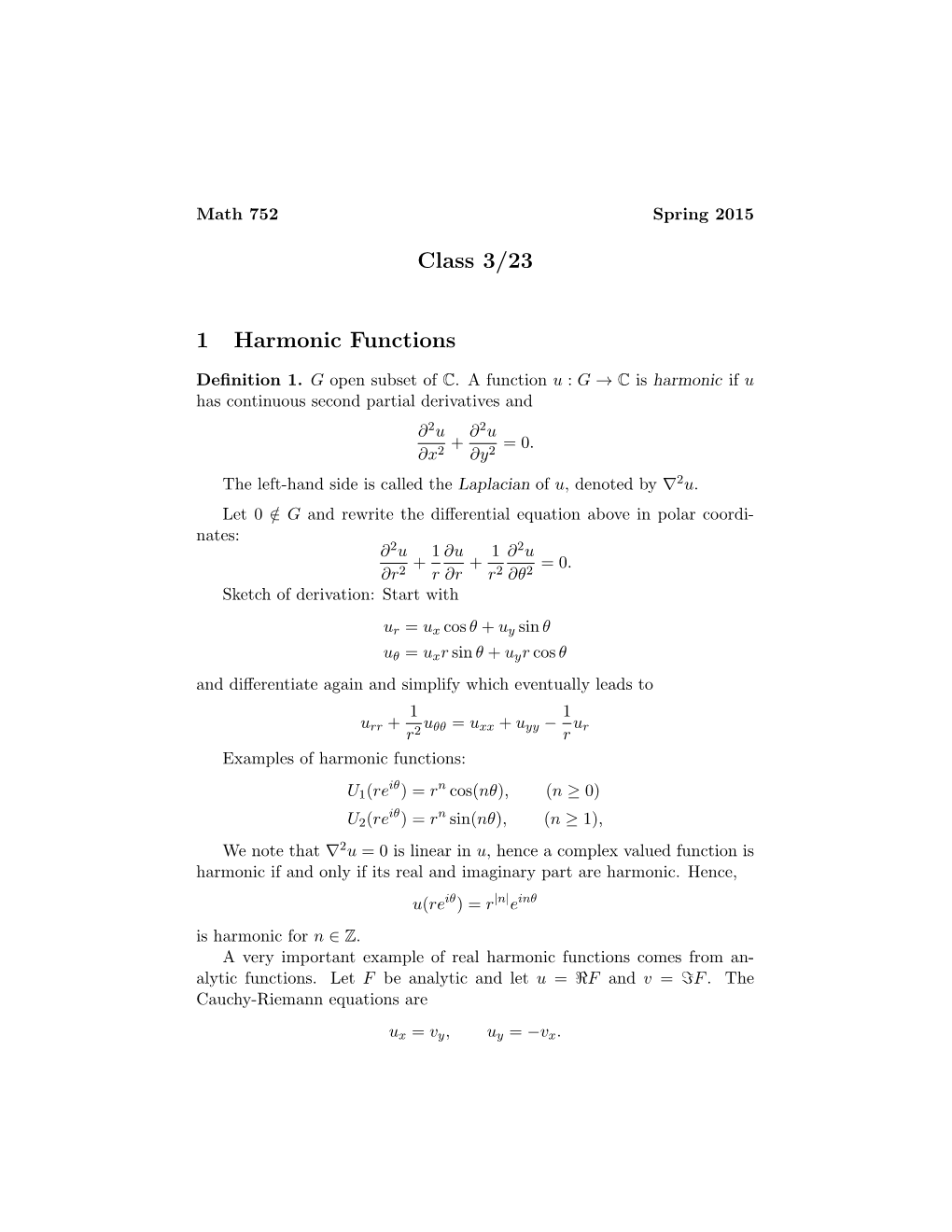 Class 3/23 1 Harmonic Functions