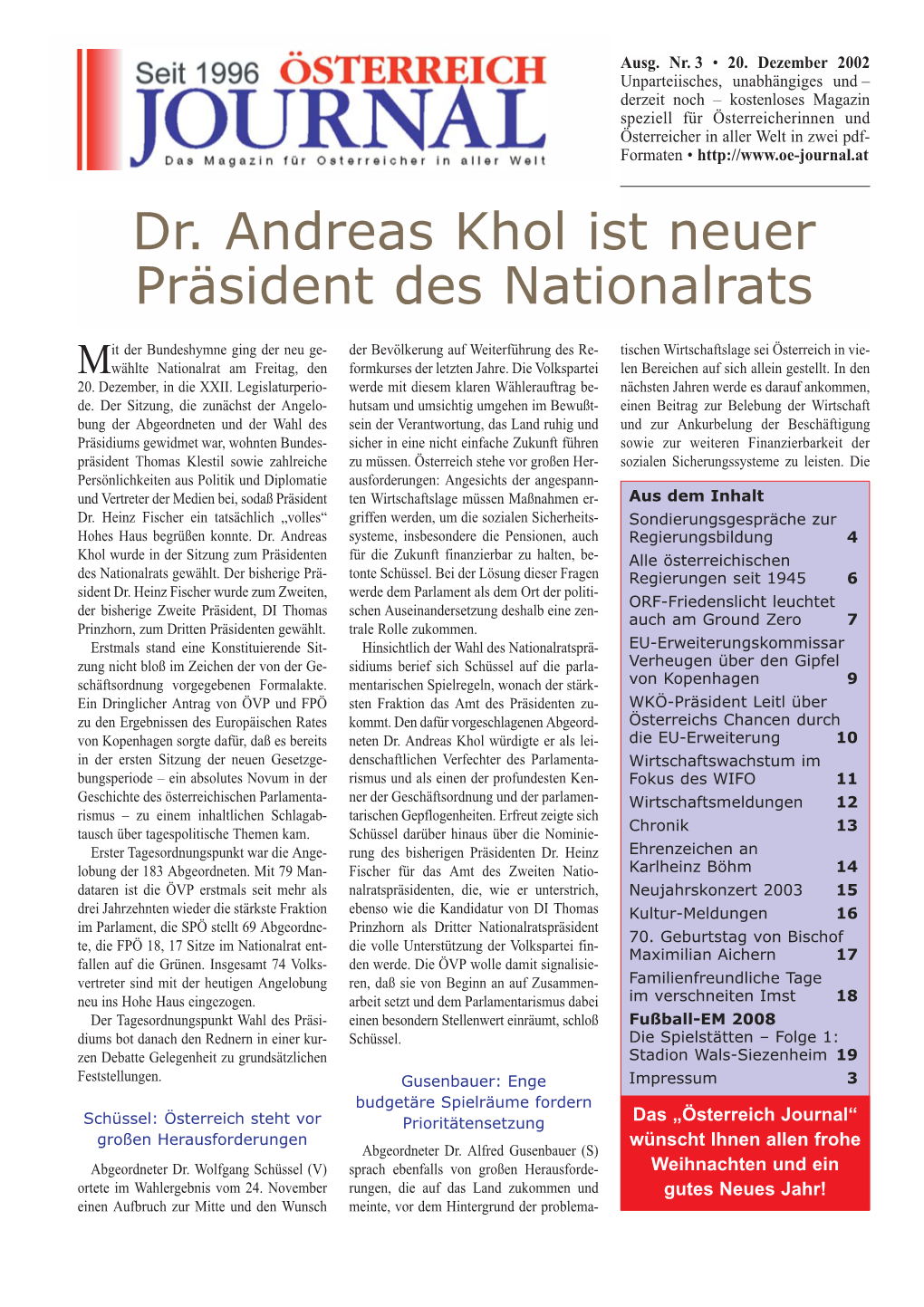 Dr. Andreas Khol Ist Neuer Präsident Des Nationalrats
