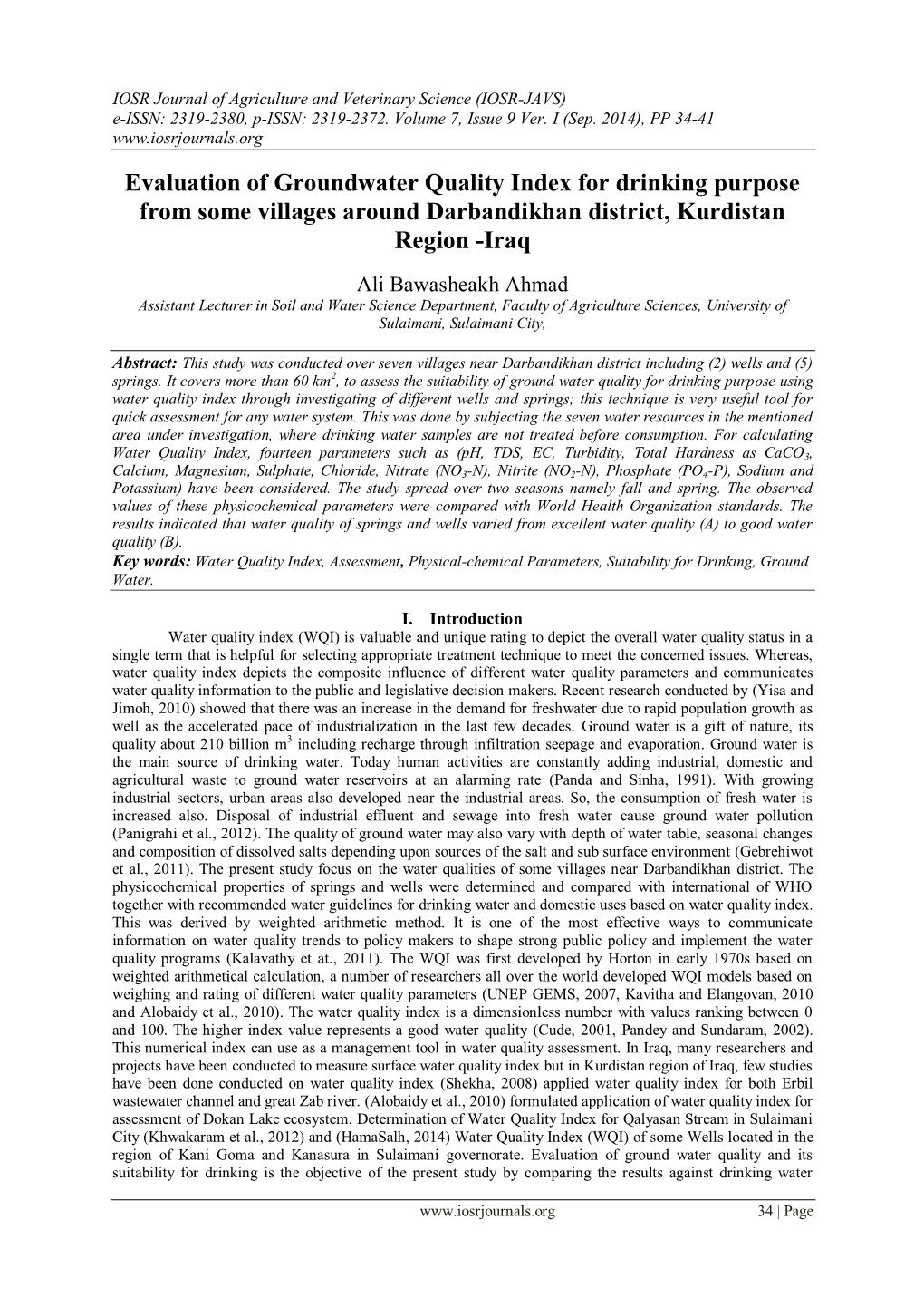 Evaluation of Groundwater Quality Index for Drinking Purpose from Some Villages Around Darbandikhan District, Kurdistan Region -Iraq