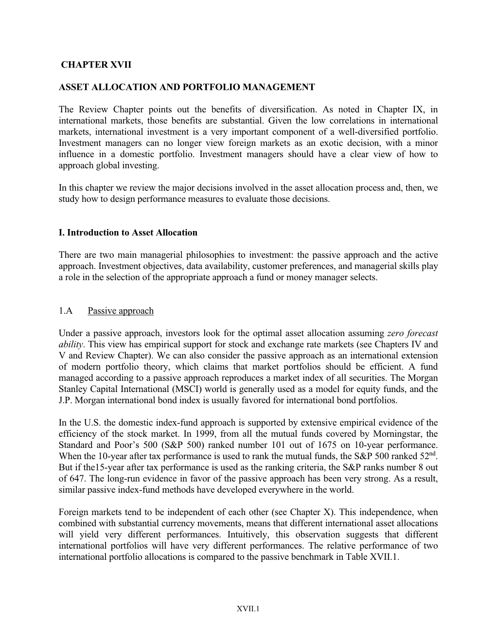 Chapter Xvii Asset Allocation and Portfolio Management