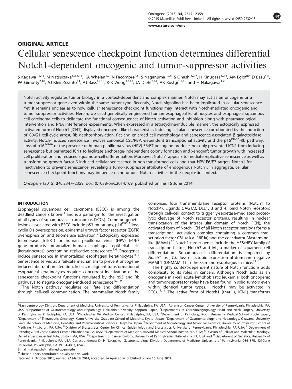 Cellular Senescence Checkpoint Function Determines Differential Notch1-Dependent Oncogenic and Tumor-Suppressor Activities