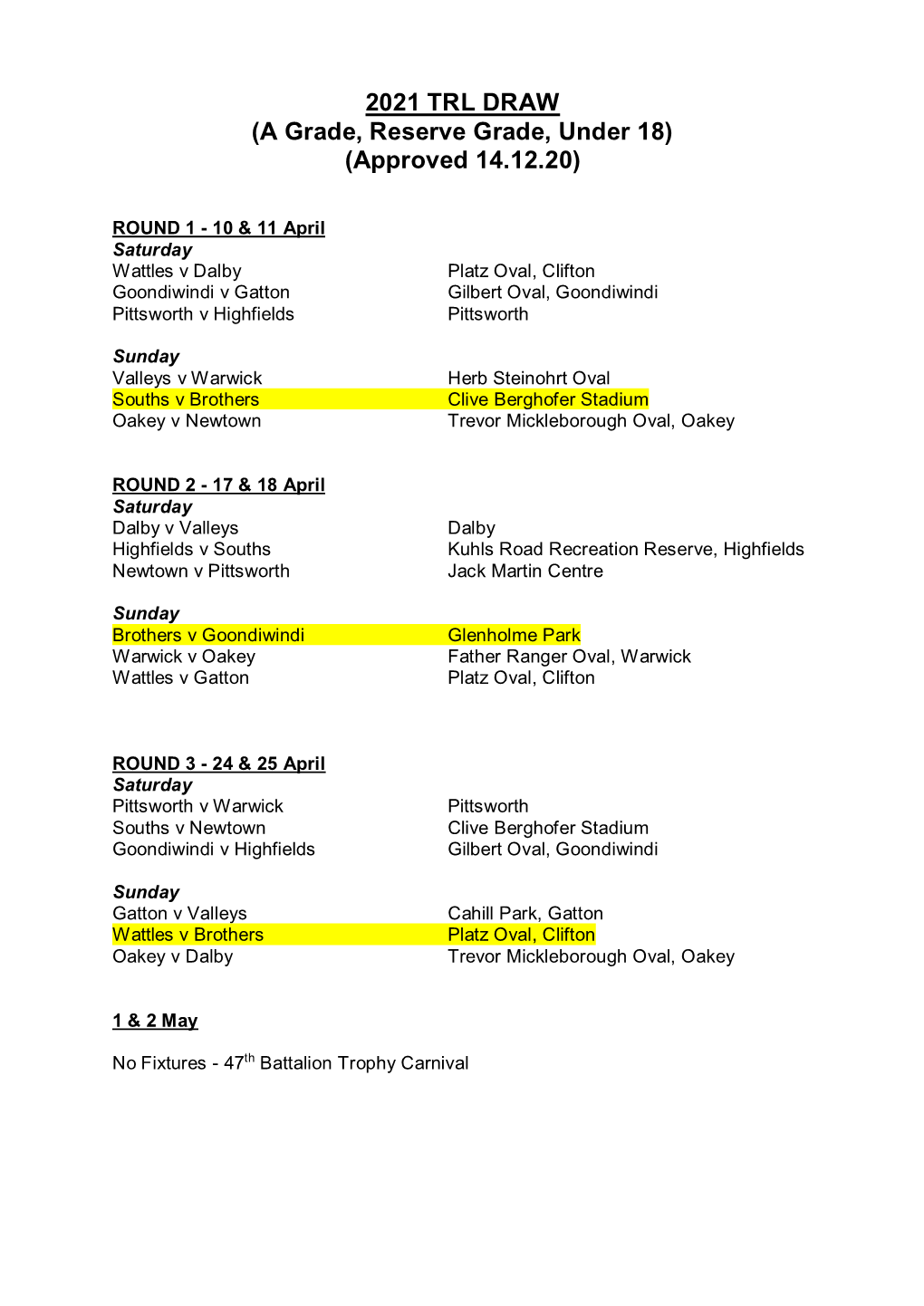 2021 TRL DRAW (A Grade, Reserve Grade, Under 18) (Approved 14.12.20)