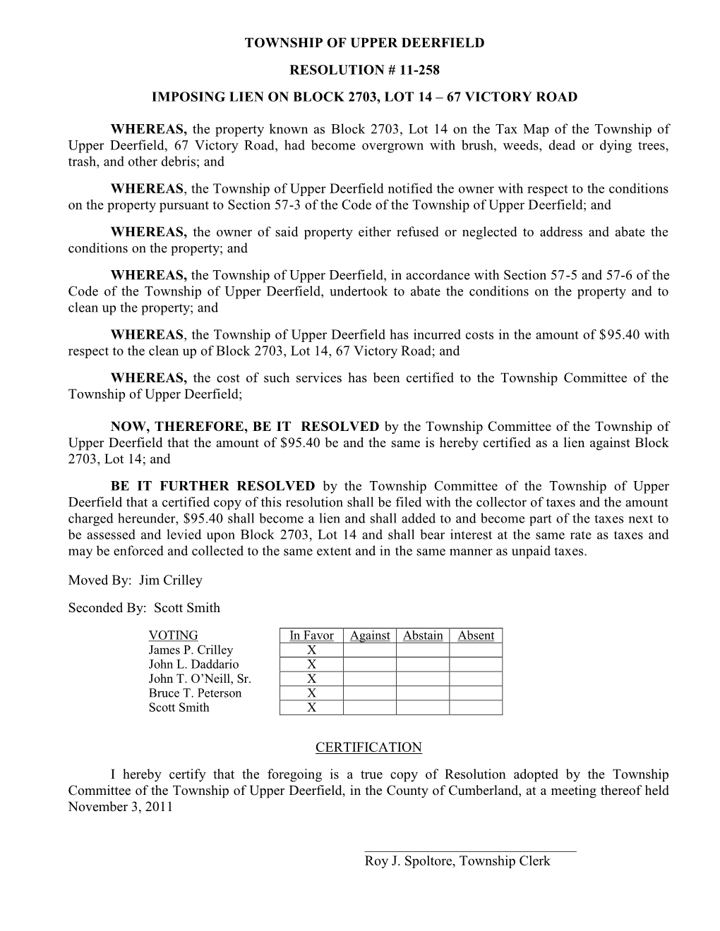 Township of Upper Deerfield Resolution # 11-258 Imposing