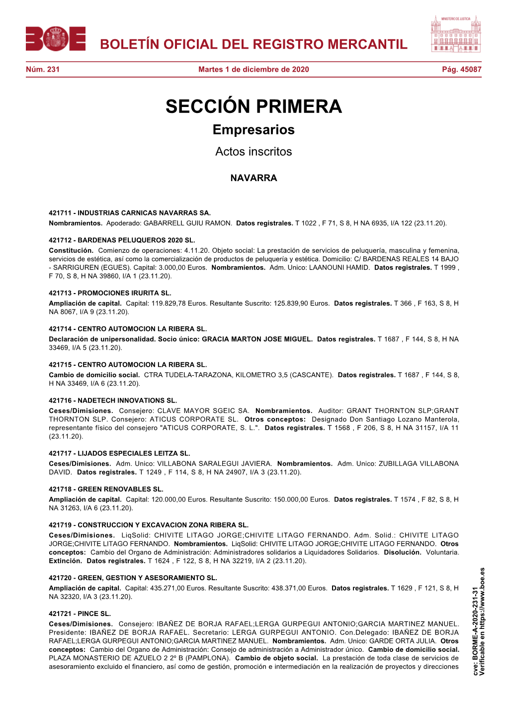 Actos De NAVARRA Del BORME Núm. 231 De 2020