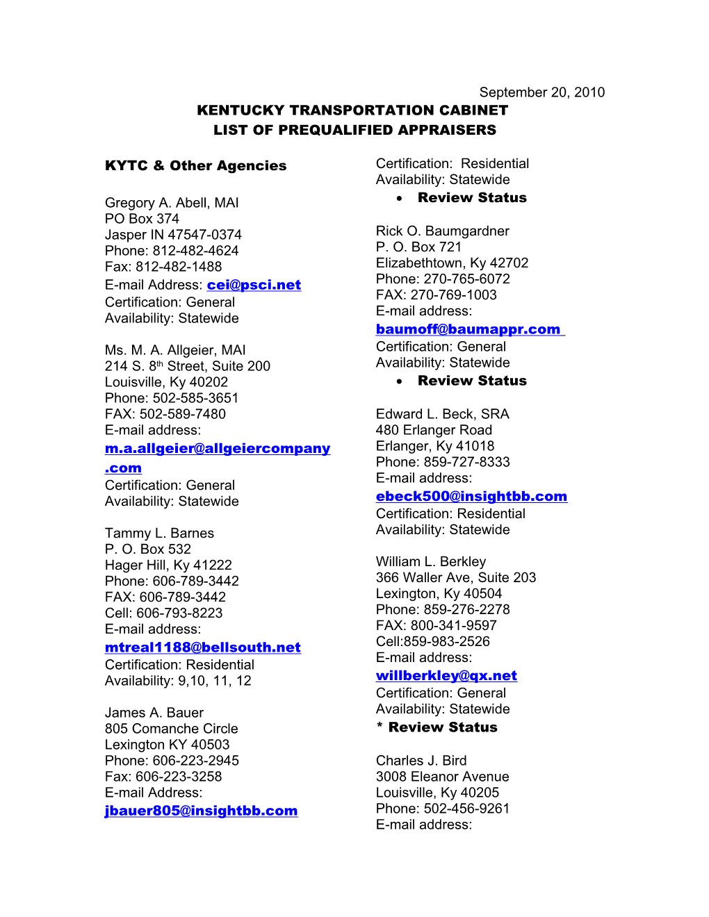 List of Prequalified Appraisers