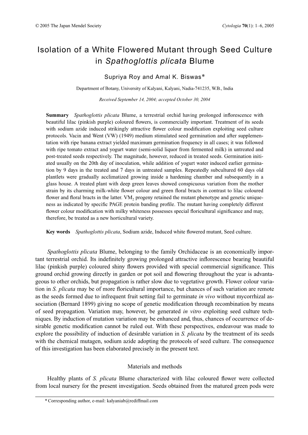 Isolation of a White Flowered Mutant Through Seed Culture in Spathoglottis Plicata Blume