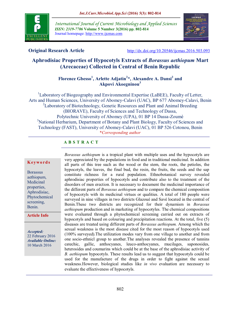 Aphrodisiac Properties of Hypocotyls Extracts of Borassus Aethiopum Mart (Arecaceae) Collected in Central of Benin Republic