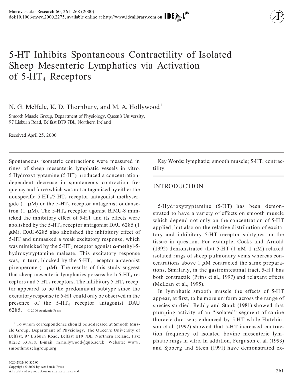 5-HT Inhibits Spontaneous Contractility of Isolated Sheep Mesenteric Lymphatics Via Activation