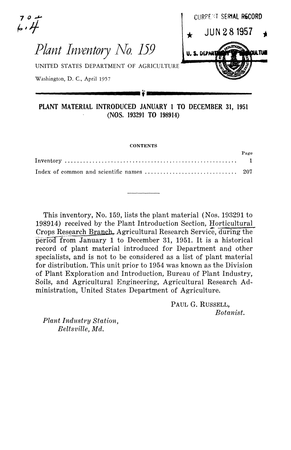 Plant Inventory No 159 UNITED STATES DEPARTMENT of AGRICULTURE Washington, D