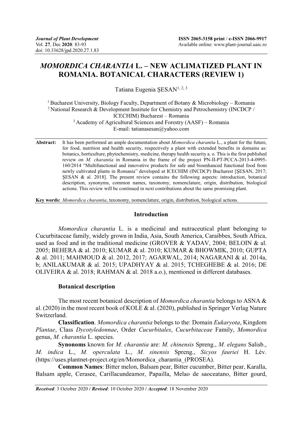 Momordica Charantia L. – New Aclimatized Plant in Romania