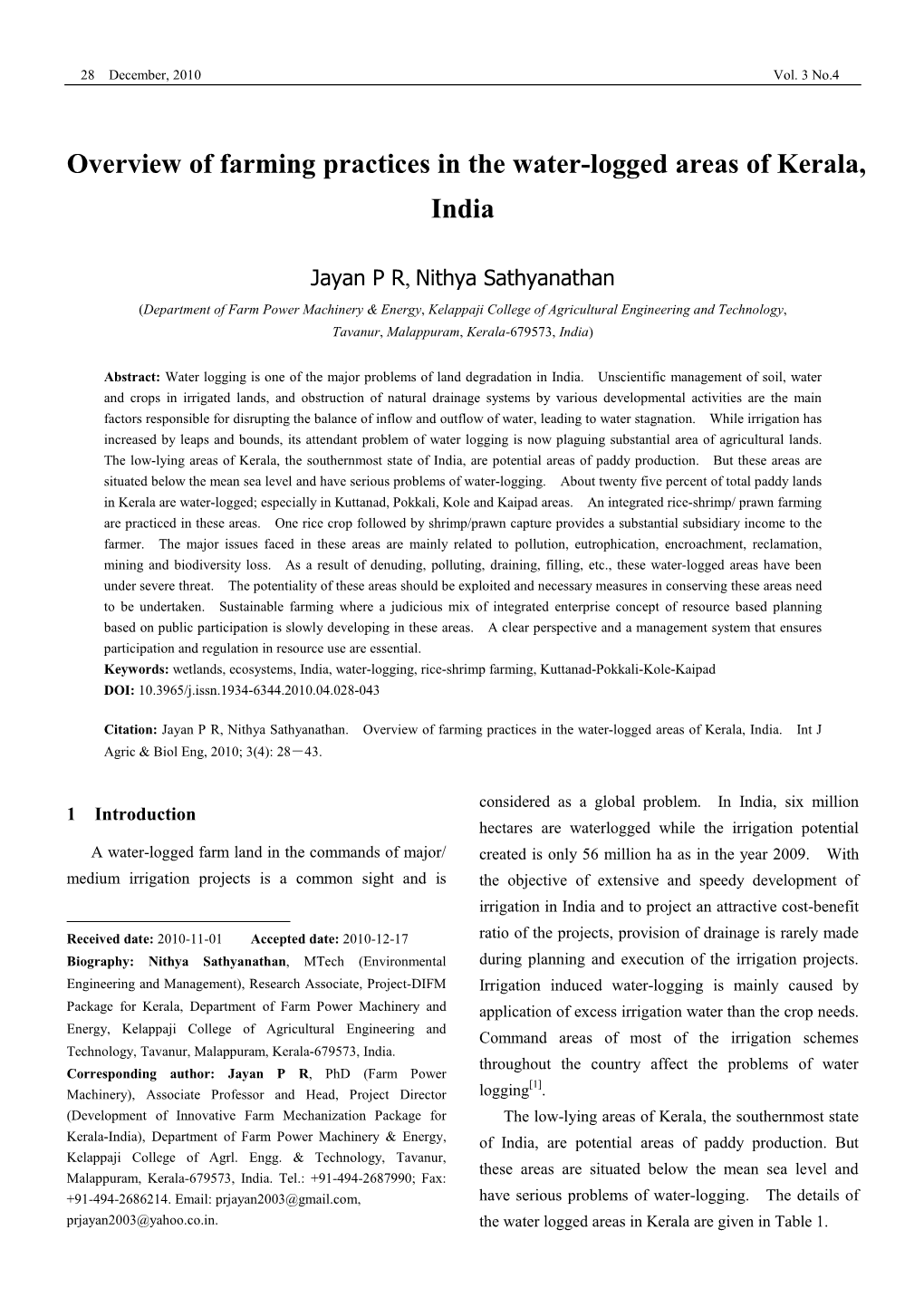 Overview of Farming Practices in the Water-Logged Areas of Kerala, India