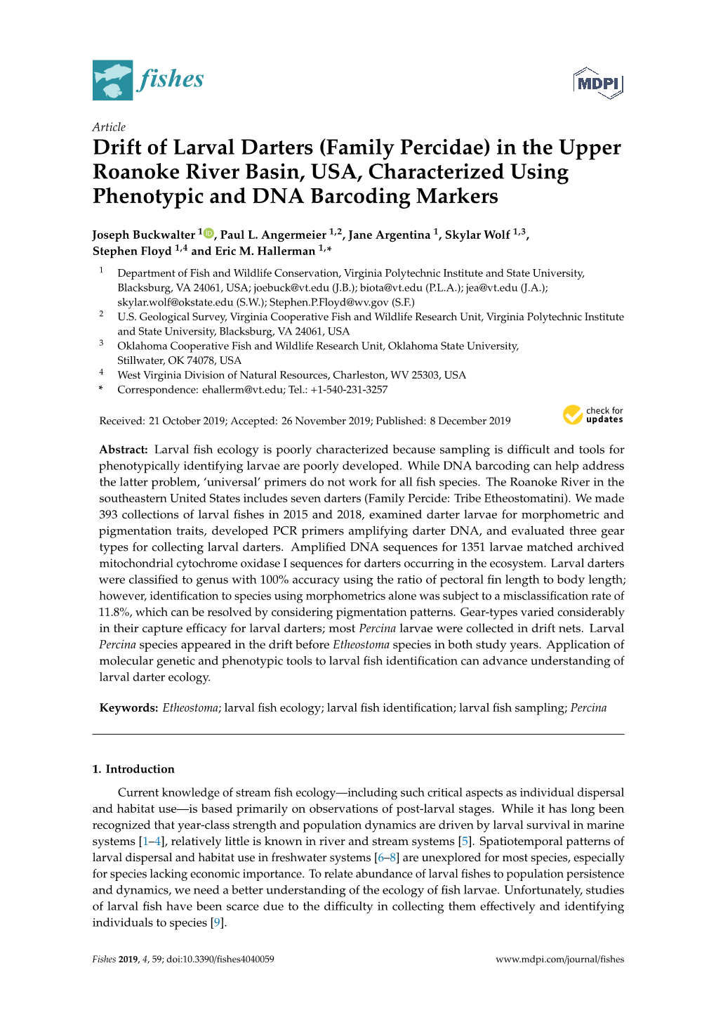 Drift of Larval Darters (Family Percidae) in the Upper Roanoke River Basin, USA, Characterized Using Phenotypic and DNA Barcoding Markers