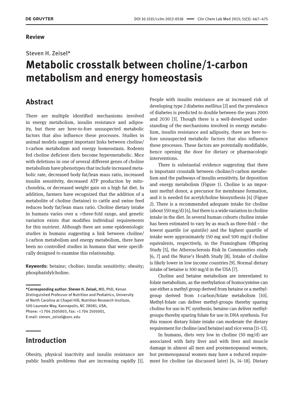 Metabolic Crosstalk Between Choline/1-Carbon Metabolism and Energy Homeostasis