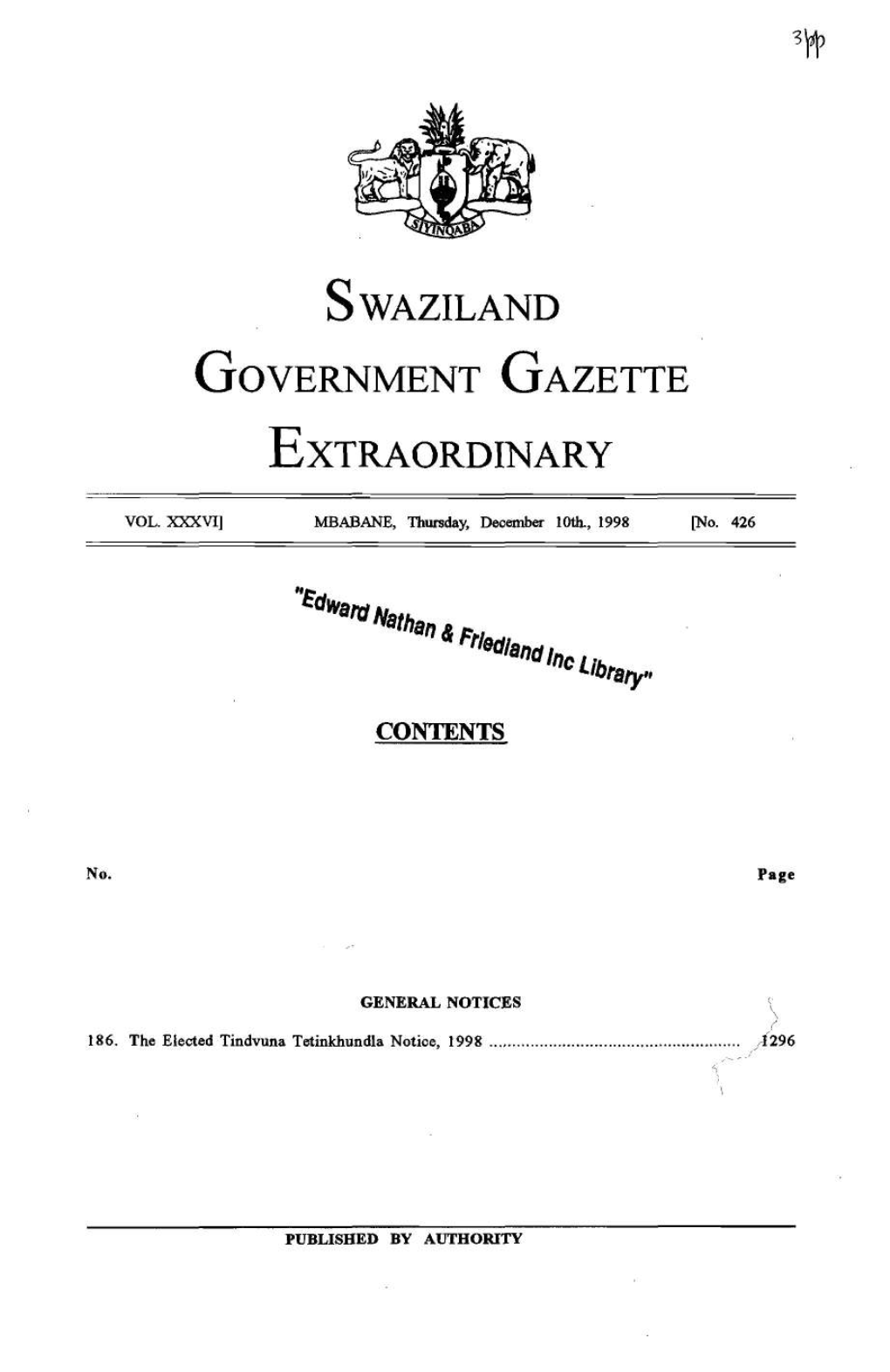 — Swaziland GOVERNMENT GAZETTE EXTRAORDINARY