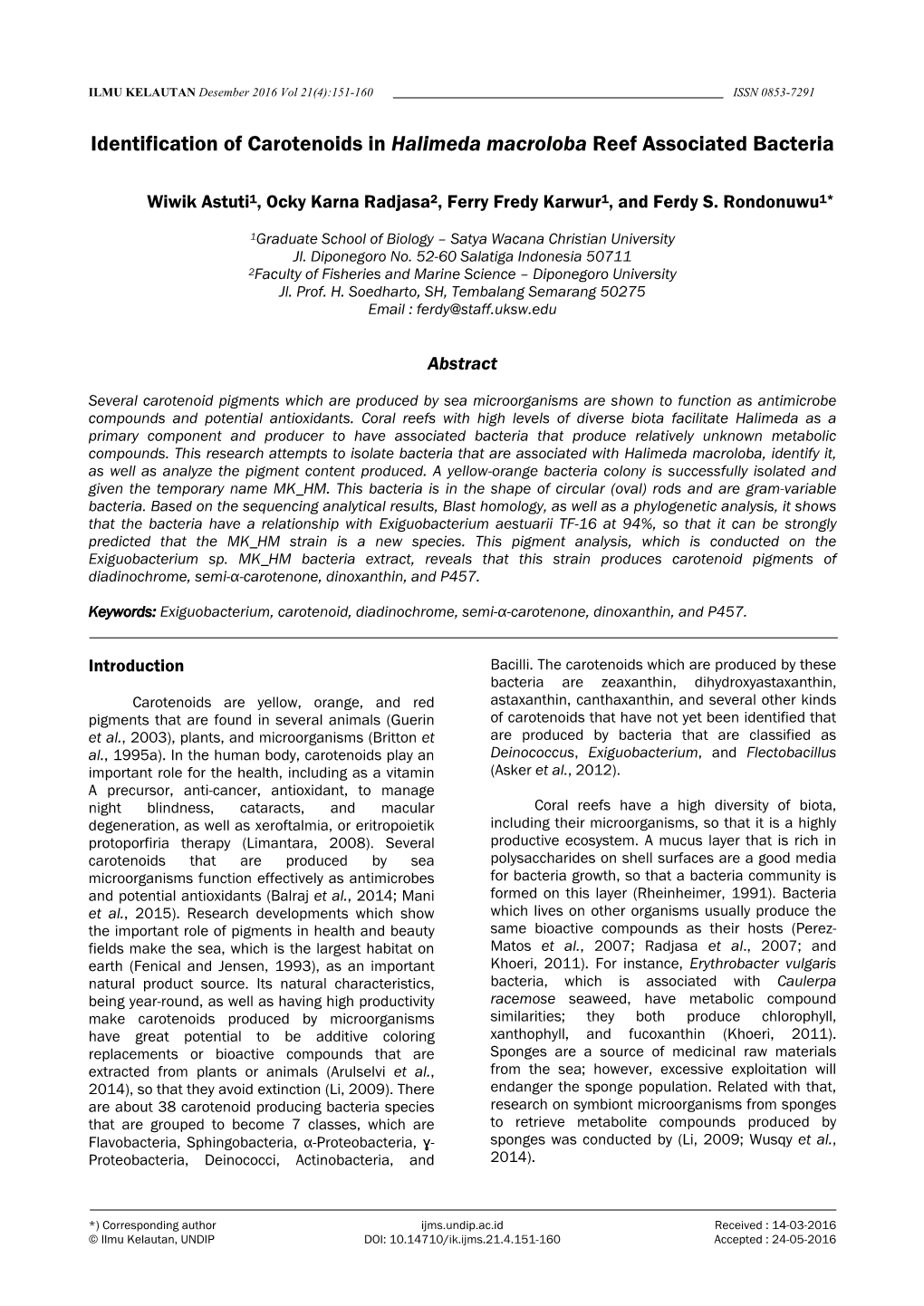 Identification of Carotenoids in Halimeda Macroloba Reef Associated Bacteria