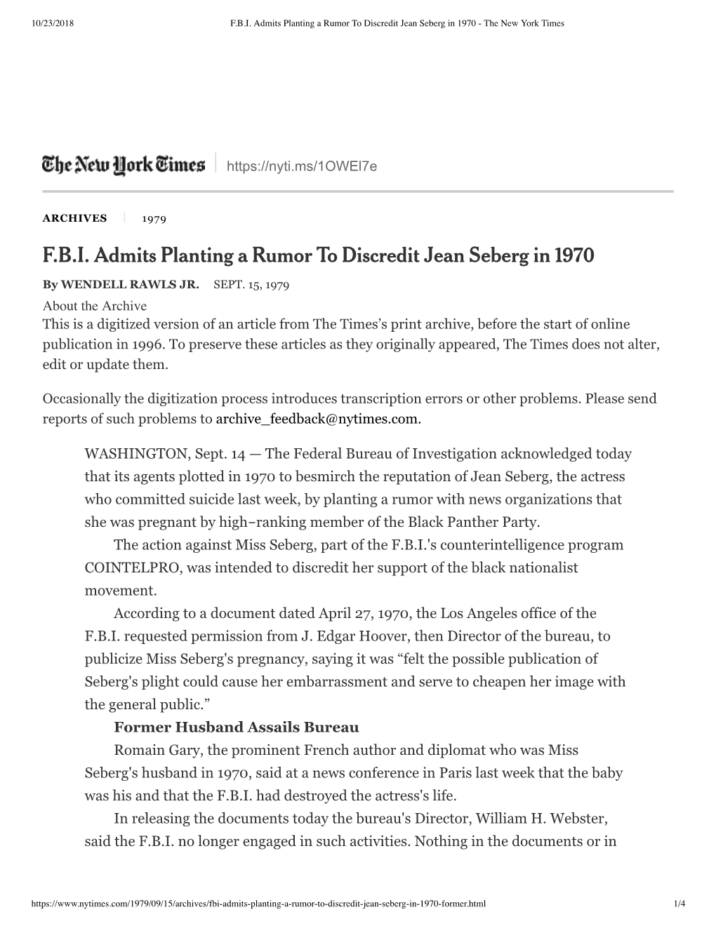 F.B.I. Admits Planting a Rumor to Discredit Jean Seberg in 1970 - the New York Times