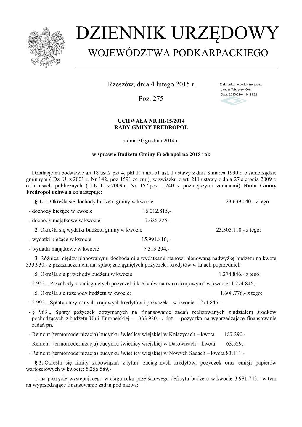 Uchwała Nr III/15/2014 Z Dnia 30 Grudnia 2014 R