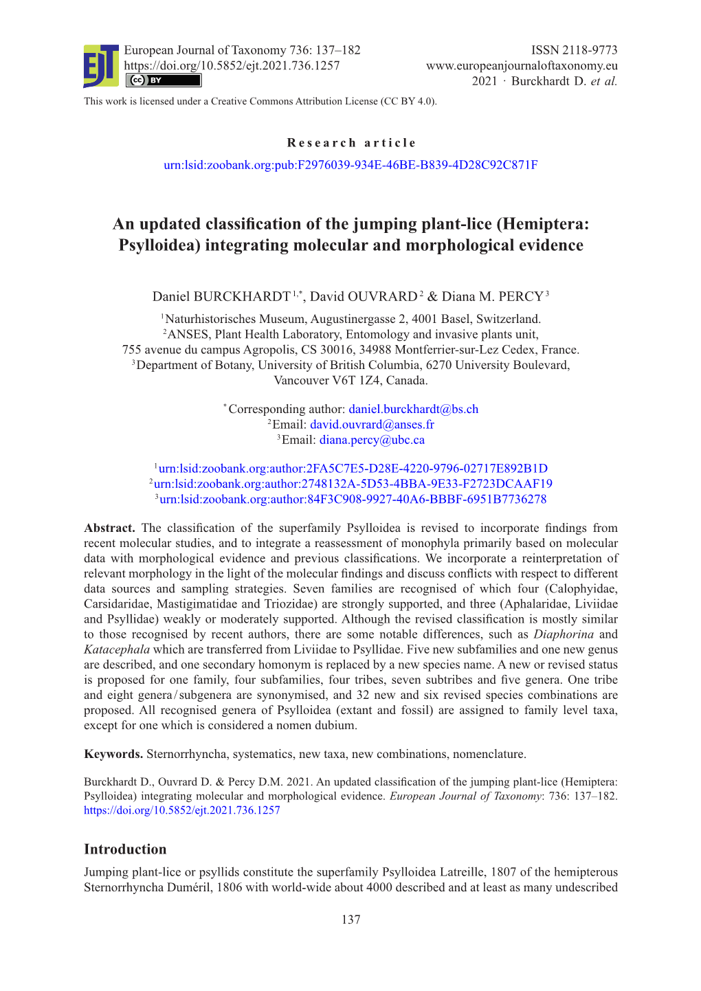 An Updated Classification of the Jumping Plant-Lice (Hemiptera: Psylloidea) Integrating Molecular and Morphological Evidence