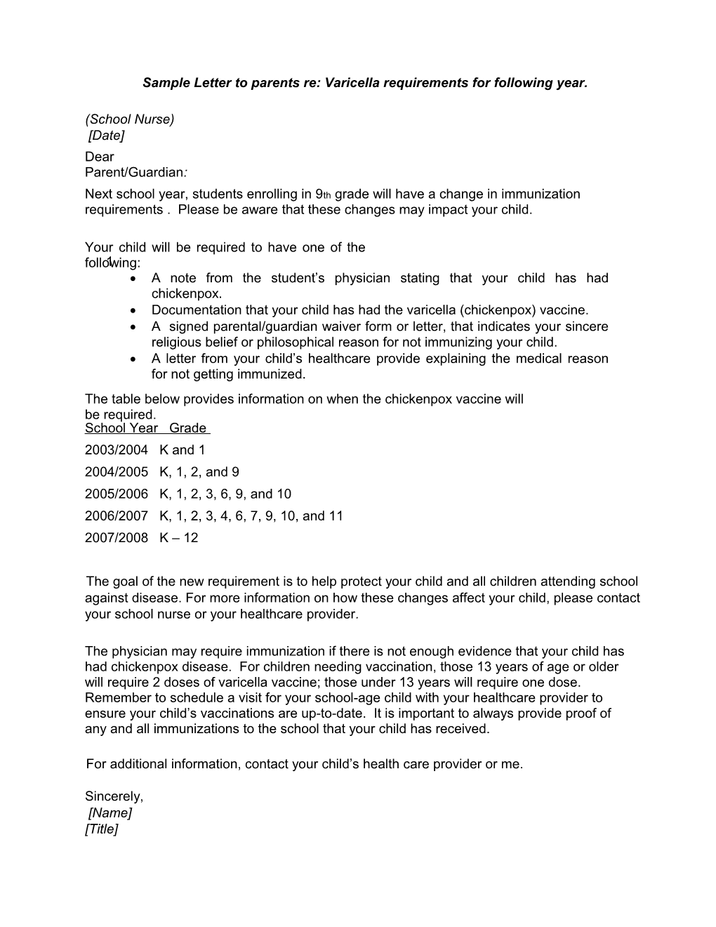 Sample Letter to Parents Re: Varicella Requirements for Following Year