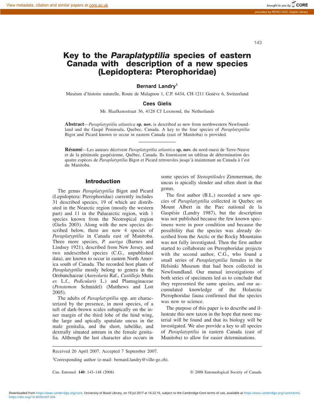 Key to the Paraplatyptilia Species of Eastern Canada with Description of a New Species (Lepidoptera: Pterophoridae)