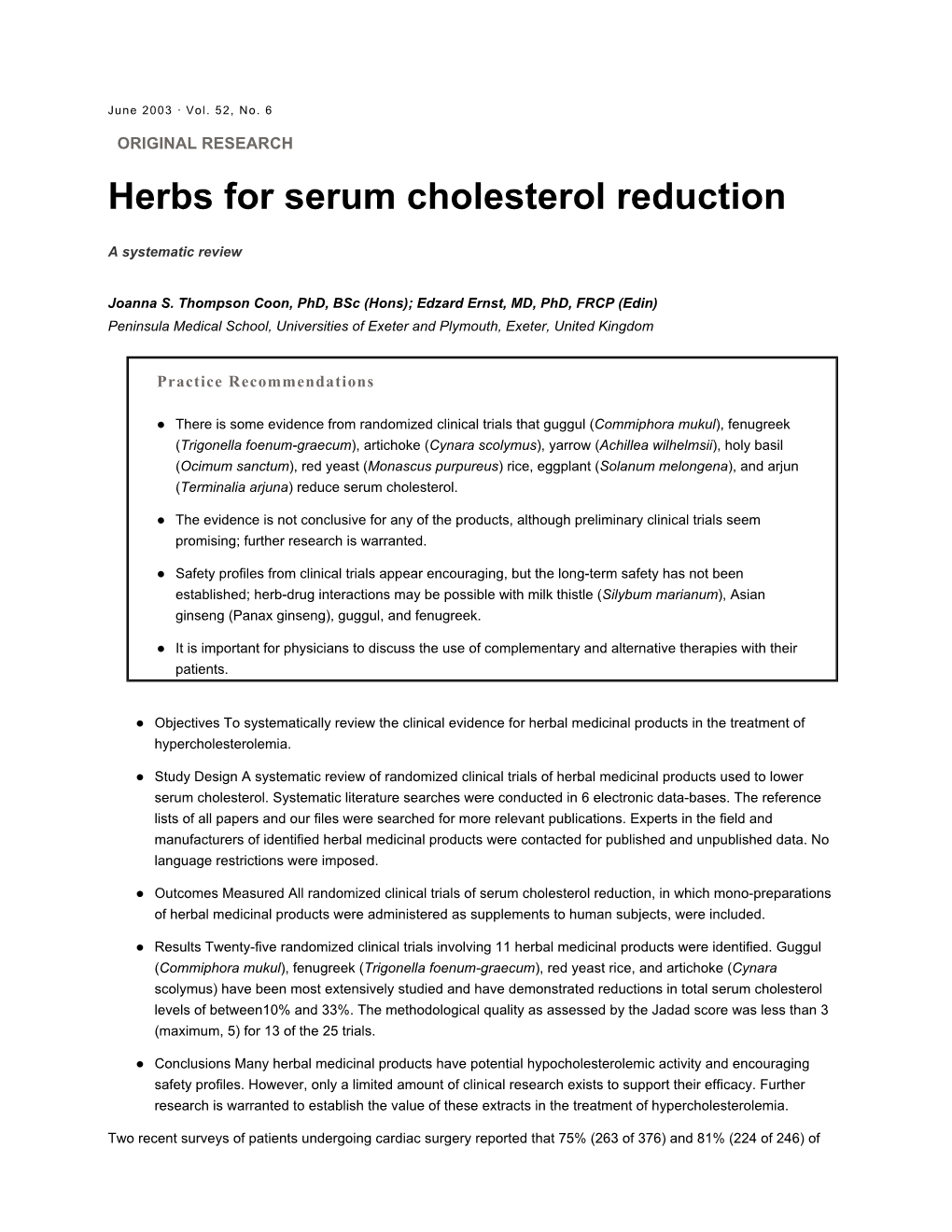 Herbs for Serum Cholesterol Reduction