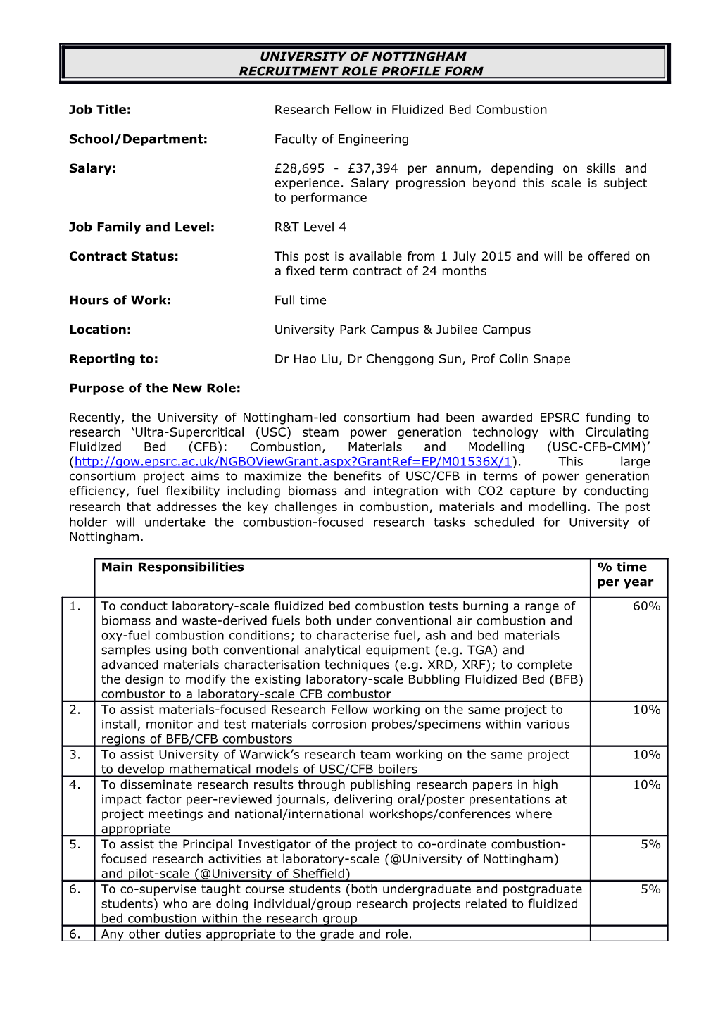 Job Title: Research Fellow in Fluidized Bed Combustion