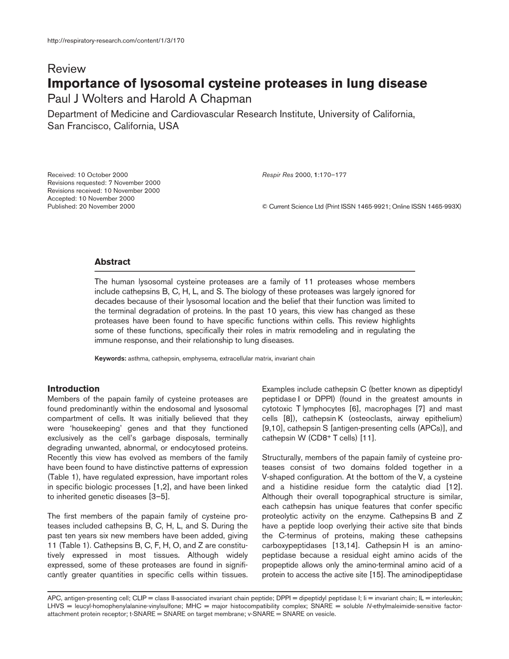 Importance of Lysosomal Cysteine Proteases in Lung Disease