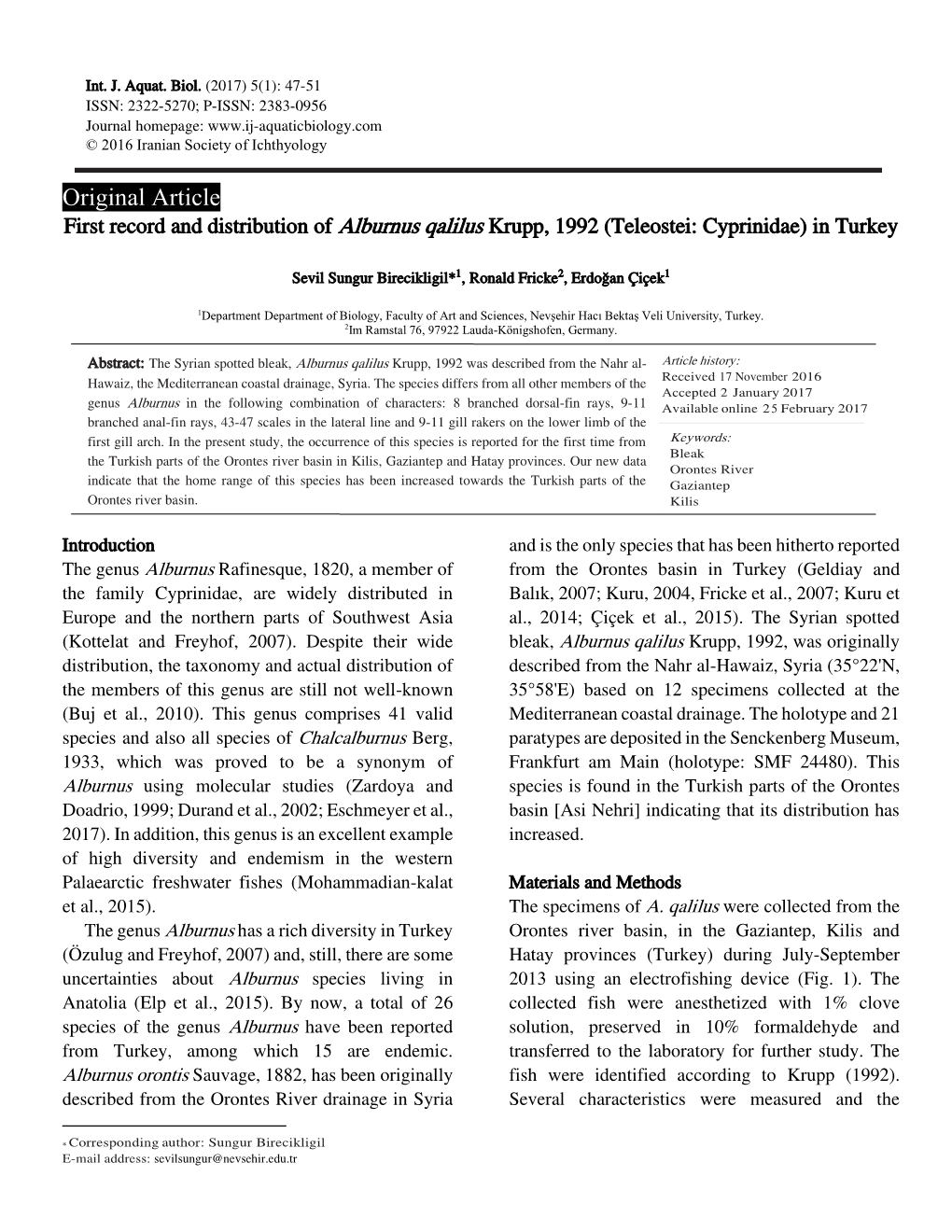 Original Article First Record and Distribution of Alburnus Qalilus Krupp, 1992 (Teleostei: Cyprinidae) in Turkey