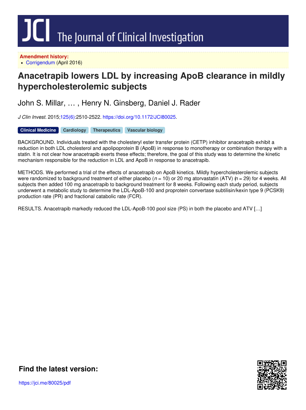 Anacetrapib Lowers LDL by Increasing Apob Clearance in Mildly Hypercholesterolemic Subjects