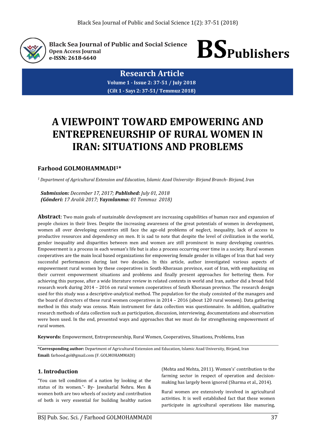 A Viewpoint Toward Empowering and Entrepreneurship of Rural Women in Iran: Situations and Problems