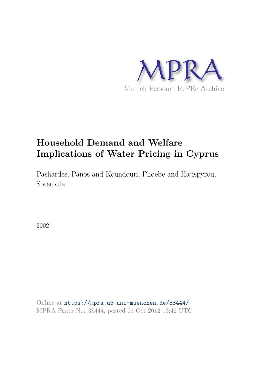 Household Demand and Welfare Implications of Water Pricing in Cyprus
