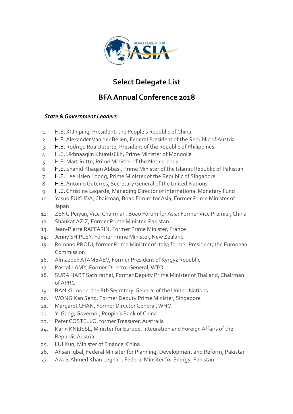 Select Delegate List BFA Annual Conference 2018