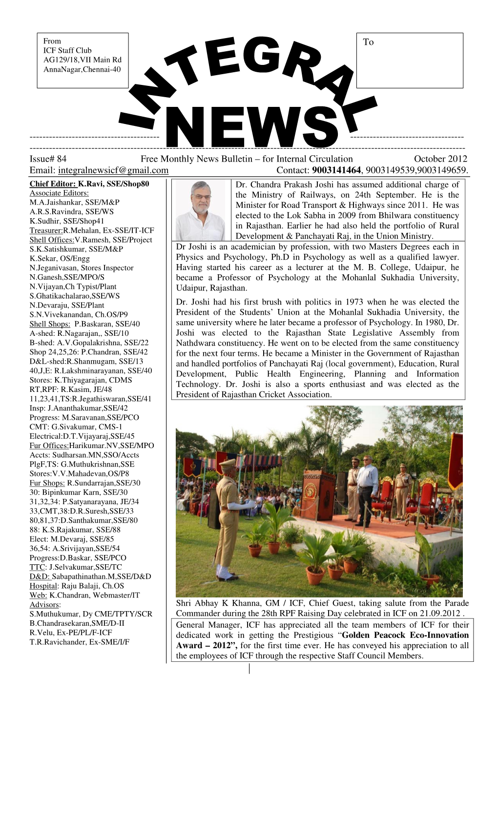 October, 2012 Issue of Integral News