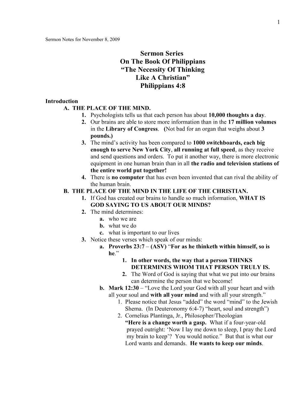 Sermon Notes for November 8, 2009