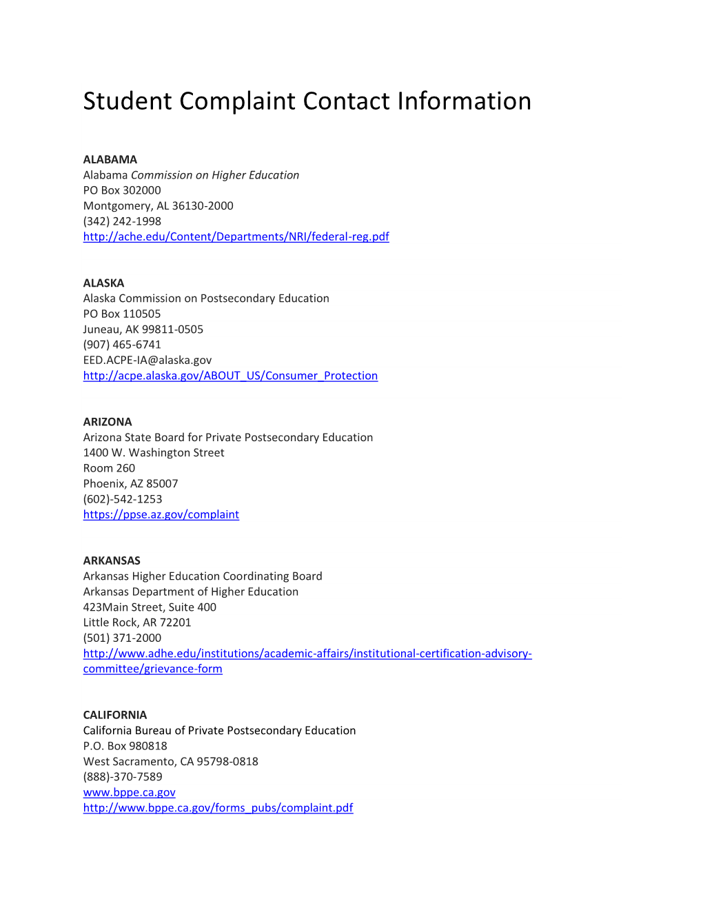 Student Complaint Contact Information