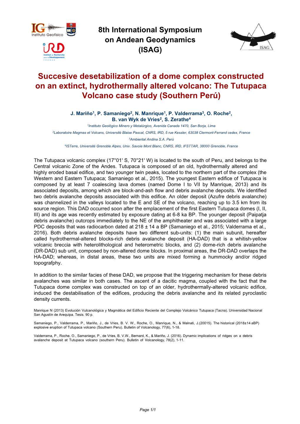 Succesive Desetabilization of a Dome Complex Constructed on an Extinct, Hydrothermally Altered Volcano: the Tutupaca Volcano Case Study (Southern Perú)