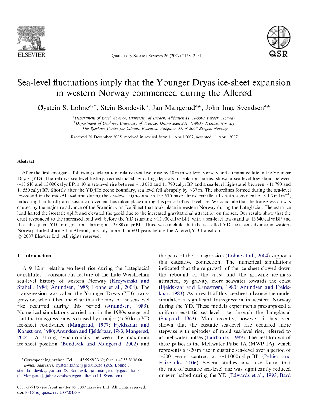 Sea-Level Fluctuations Imply That the Younger Dryas Ice-Sheet Expansion