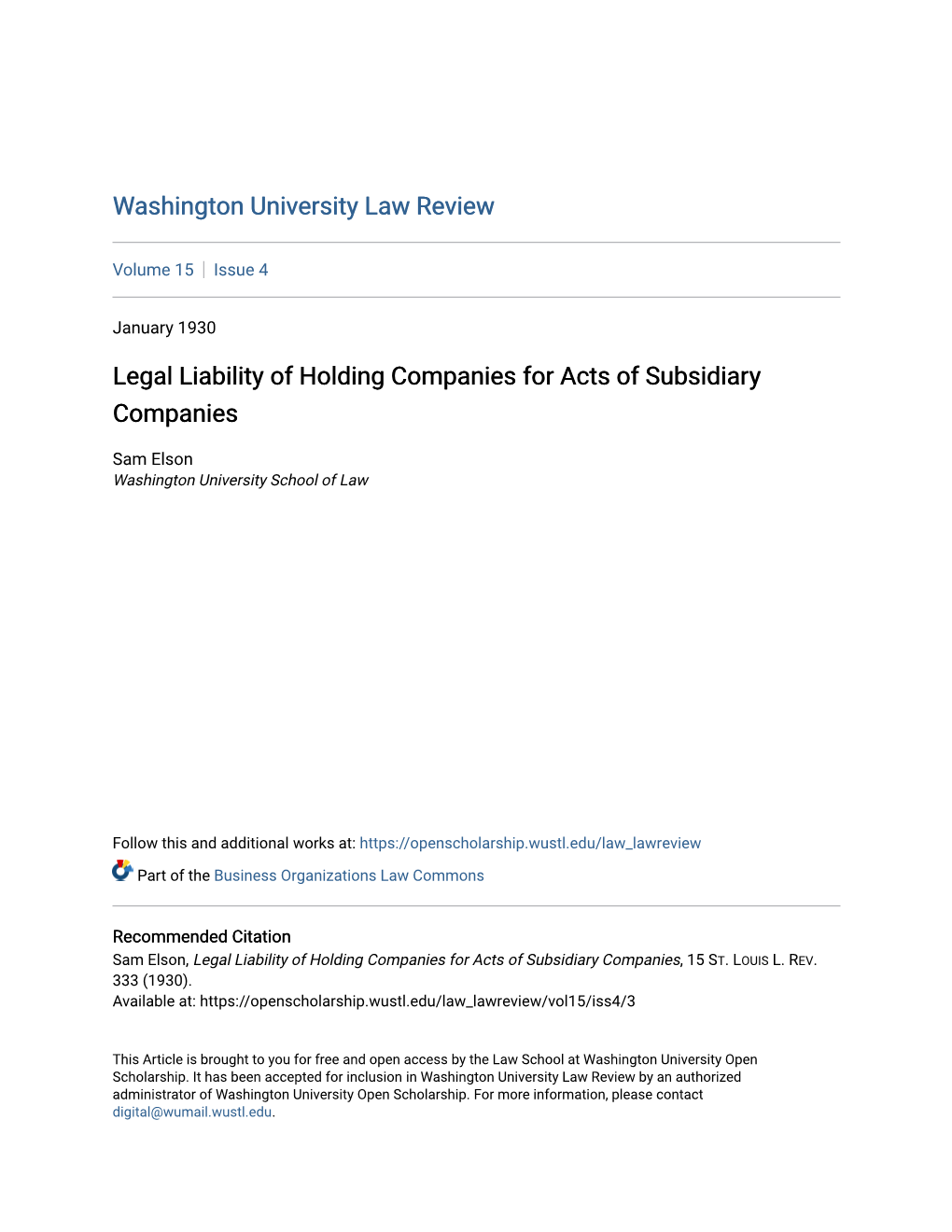 Legal Liability of Holding Companies for Acts of Subsidiary Companies
