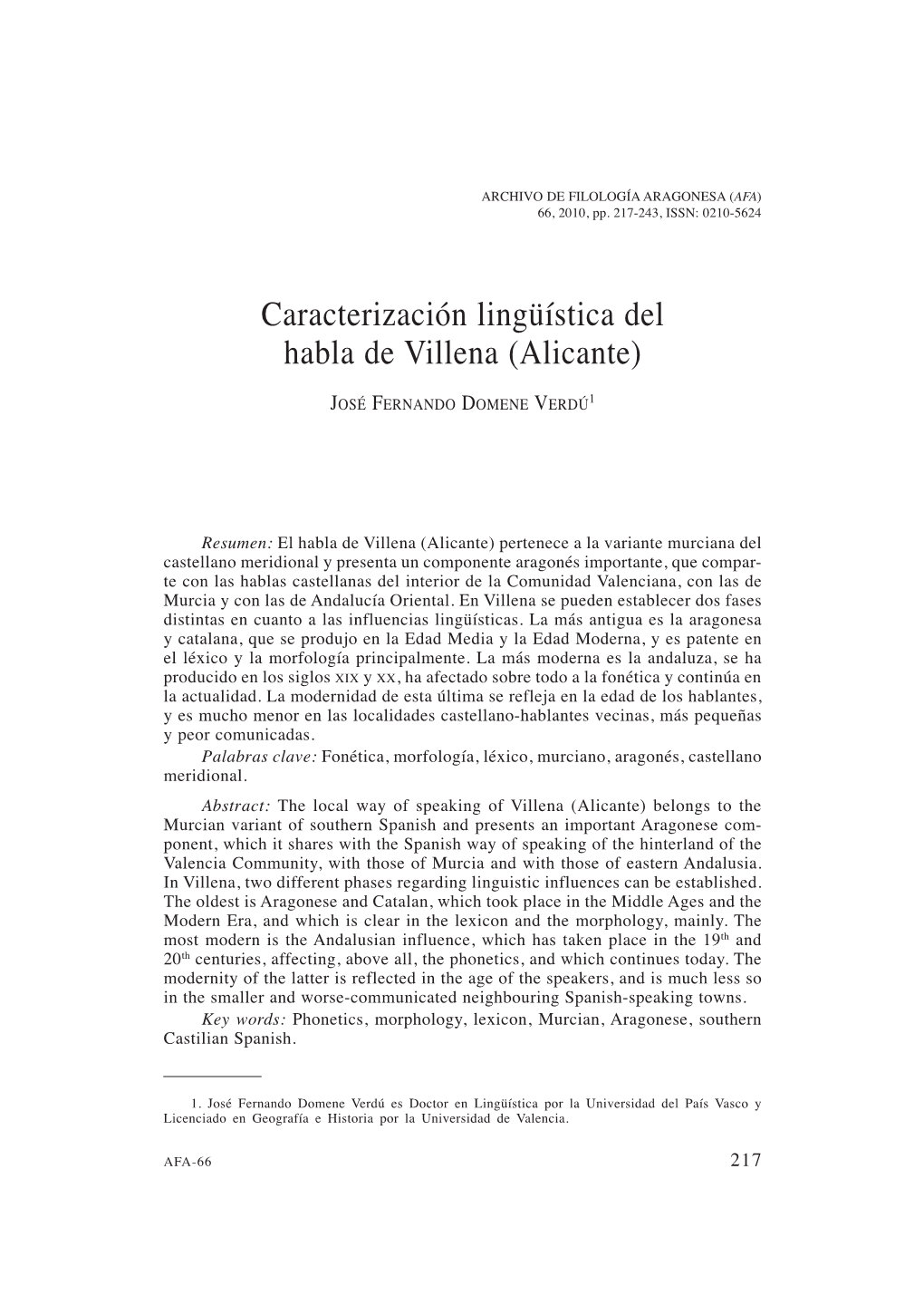 Caracterización Lingüística Del Habla De Villena (Alicante)