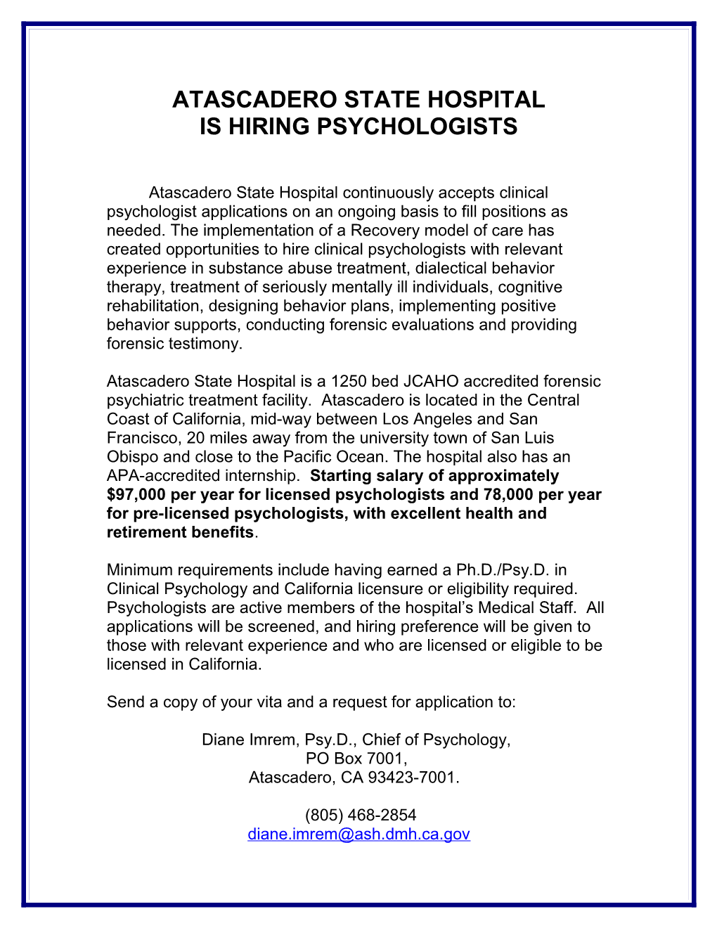 Atascadero State Hospital Continuously Accepts Clinical Psychologist Applications on An