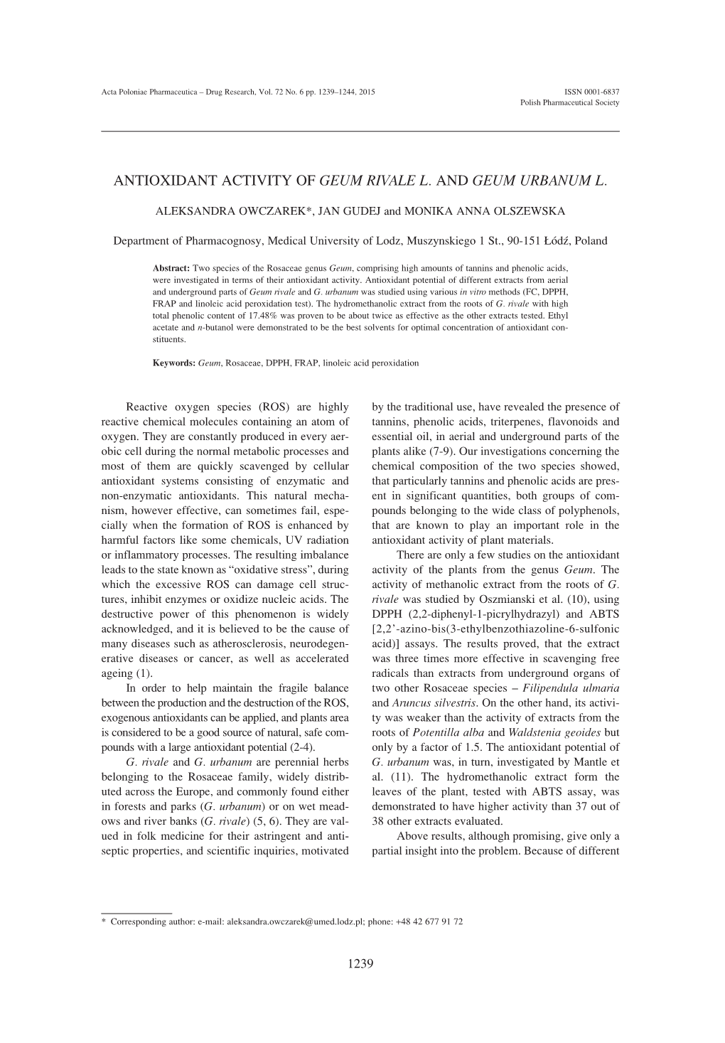 Antioxidant Activity of Geum Rivale L. and Geum Urbanum L