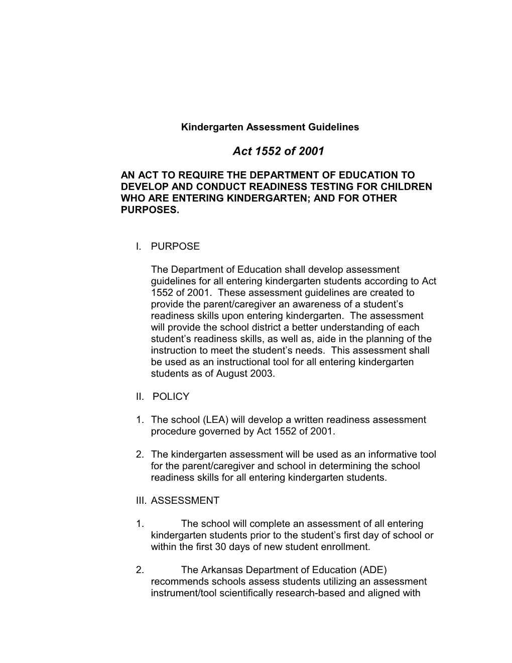 Kindergarten Assessment Guidelines