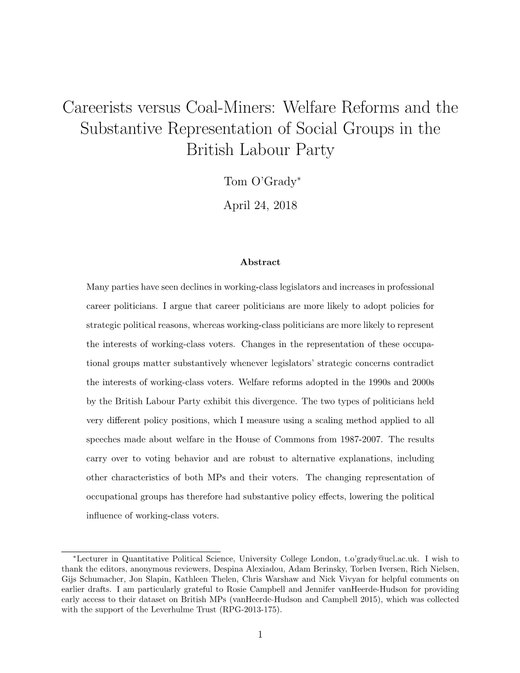 Welfare Reforms and the Substantive Representation of Social Groups in the British Labour Party