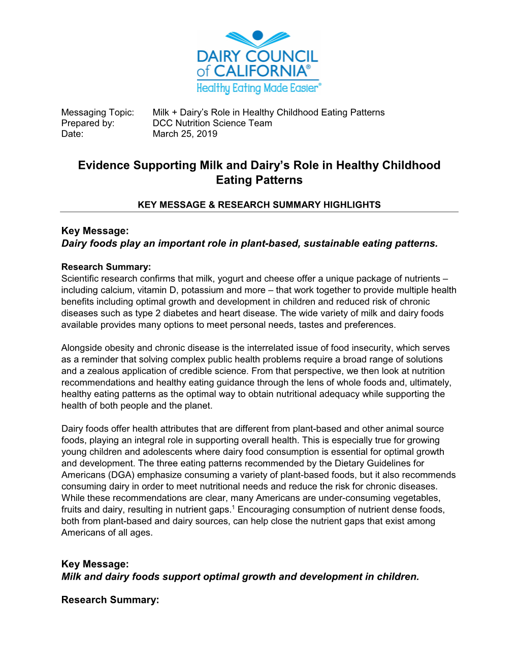 Evidence Supporting Milk and Dairy's Role in Healthy Childhood Eating