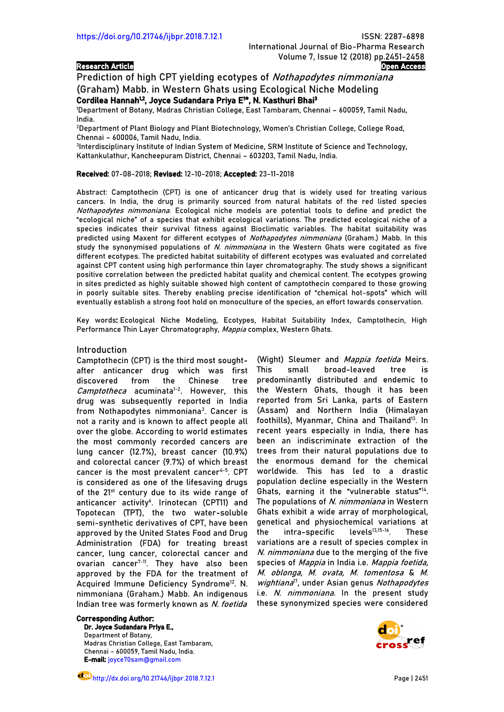 Mabb. in Western Ghats Using Ecological Niche Modeling Cordilea Hannah1,2, Joyce Sudandara Priya E1*, N