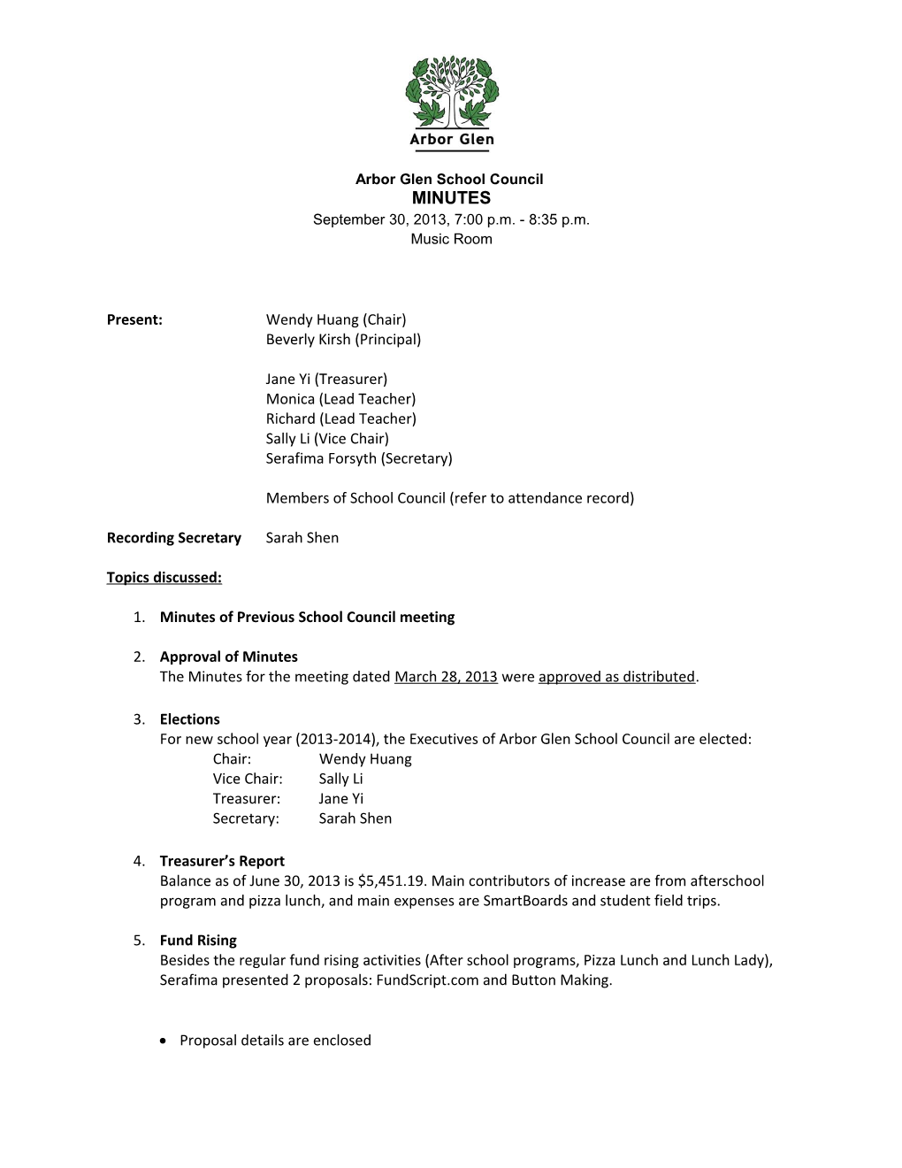 Arbor Glen School Council Meeting Minutes