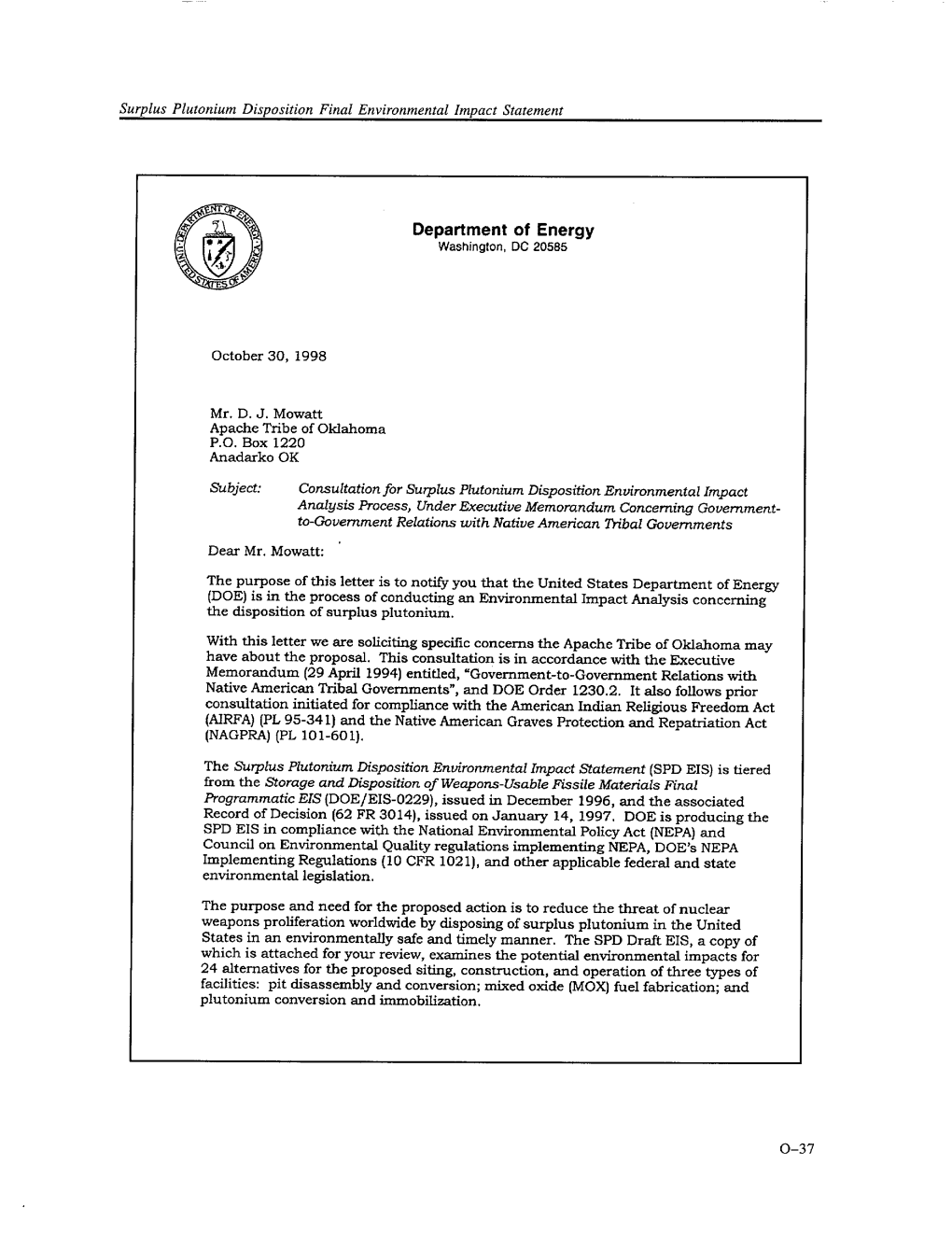 DOE/EIS-0283, "Surplus Plutonium Disposition Final Environmental Impact Statement."