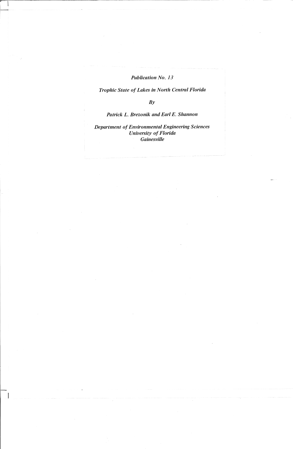 Trophic State of Lakes in North Central Florida